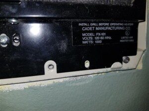 Data plate on recalled Cadet wall heater.